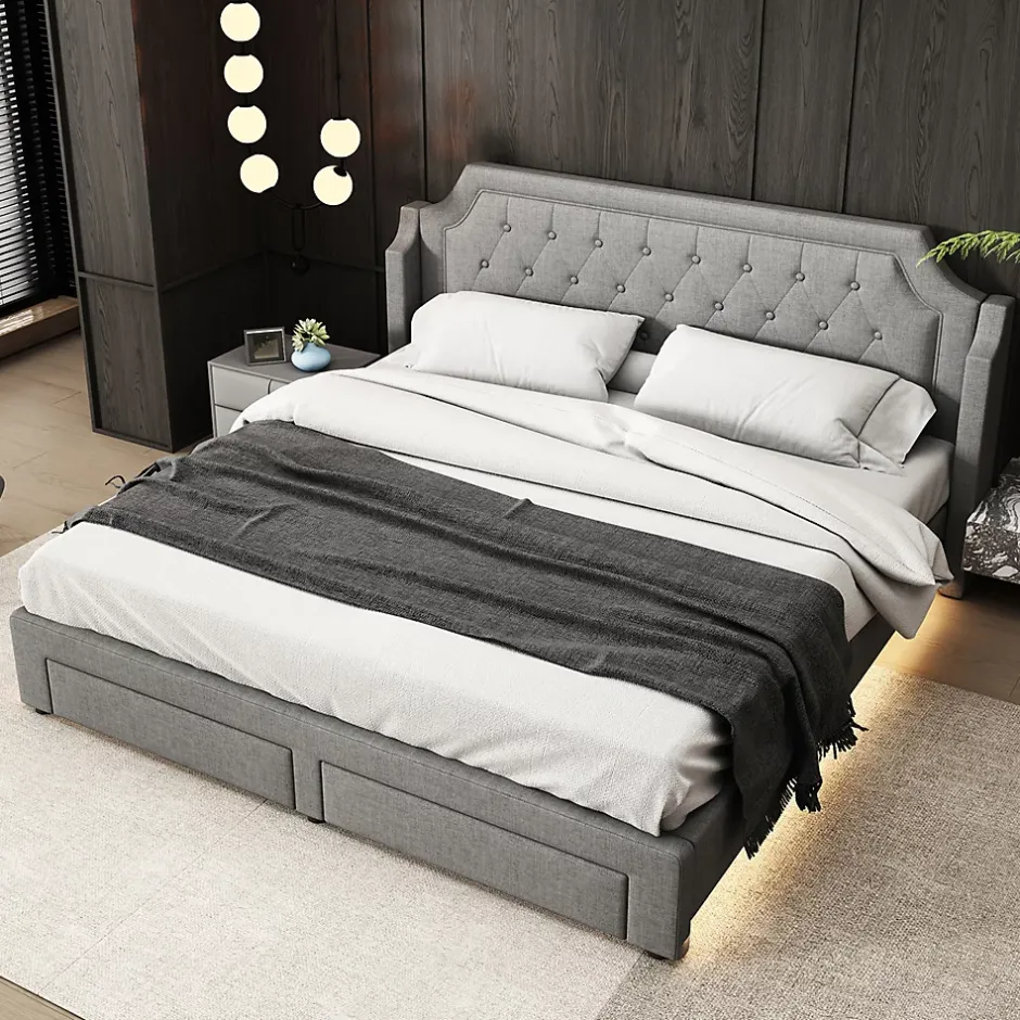 Gutent Lit adulte lit cadre à lattes en bois lit 180x200 cm lit led rembourré lit 2 tiroirs lit double lin gris Clearance