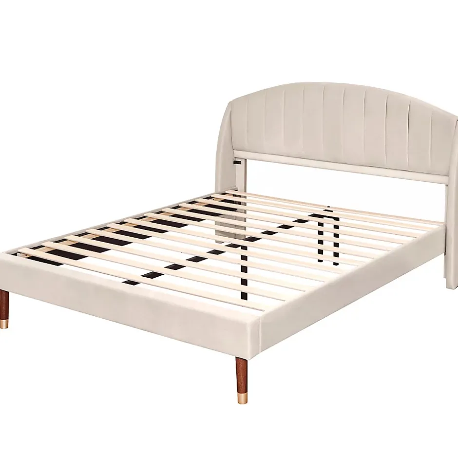 Gutent Lit adulte lit cadre à lattes en bois lit 140x200 cm lit rembourré Single velours beige Discount