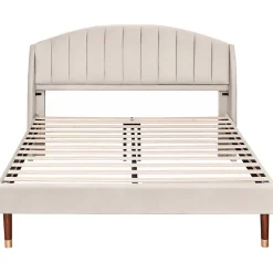 Gutent Lit adulte lit cadre à lattes en bois lit 140x200 cm lit rembourré Single velours beige Discount