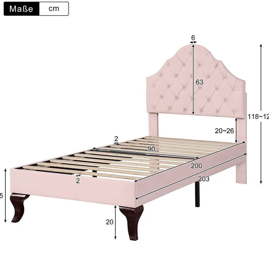 Gutent Lit adulte lit cadre à lattes en bois lit 90x200 cm lit rembourré Single velours rose
