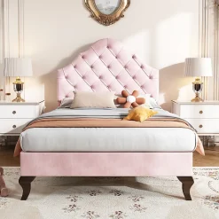 Gutent Lit adulte lit cadre à lattes en bois lit 90x200 cm lit rembourré Single velours rose