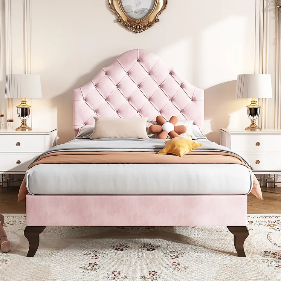 Gutent Lit adulte lit cadre à lattes en bois lit 90x200 cm lit rembourré Single velours rose