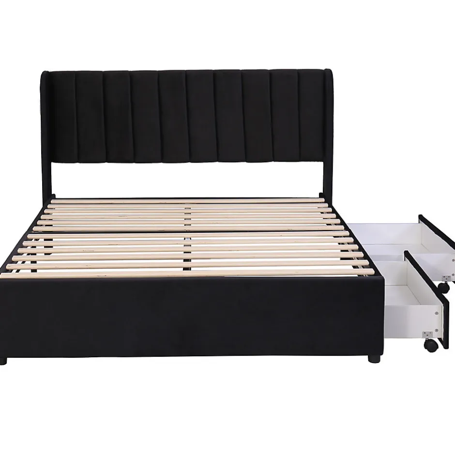 Gutent Lit adulte lit cadre à lattes en bois lit 140x200 cm lit rembourré lit 2 tiroirs lit double velours noir