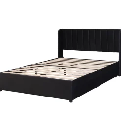 Gutent Lit adulte lit cadre à lattes en bois lit 140x200 cm lit rembourré lit 2 tiroirs lit double velours noir