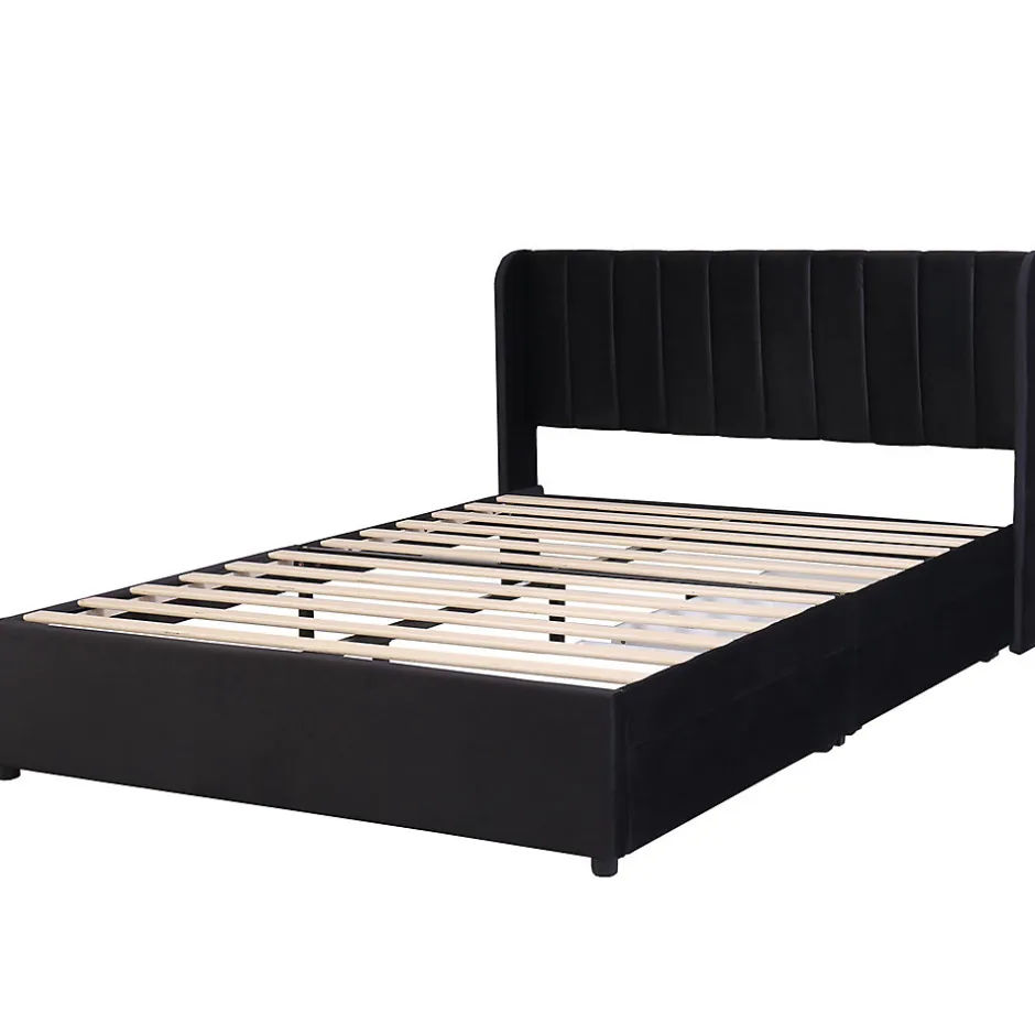 Gutent Lit adulte lit cadre à lattes en bois lit 140x200 cm lit rembourré lit 2 tiroirs lit double velours noir