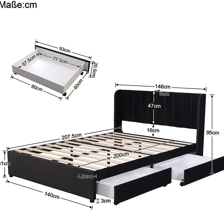 Gutent Lit adulte lit cadre à lattes en bois lit 140x200 cm lit rembourré lit 2 tiroirs lit double velours noir