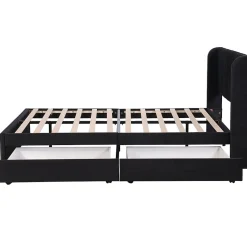 Gutent Lit adulte lit cadre à lattes en bois lit 140x200 cm lit rembourré lit 2 tiroirs lit double velours noir