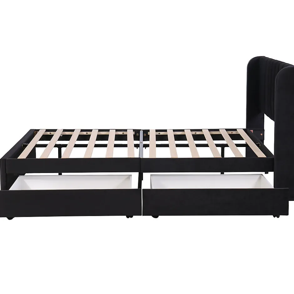 Gutent Lit adulte lit cadre à lattes en bois lit 140x200 cm lit rembourré lit 2 tiroirs lit double velours noir