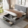 Gutent Lit adulte lit coffre lit 140x200 cm lit de rangement lit rembourré hydraulique lit 2 tiroirs lit double velours gris