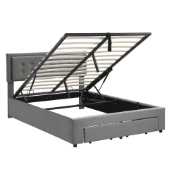 Gutent Lit adulte lit coffre lit 140x200 cm lit de rangement lit rembourré hydraulique lit 2 tiroirs lit double velours gris