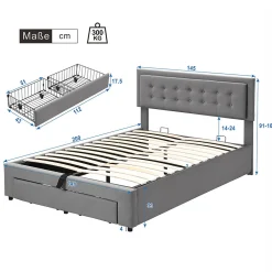 Gutent Lit adulte lit coffre lit 140x200 cm lit de rangement lit rembourré hydraulique lit 2 tiroirs lit double velours gris