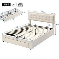 Gutent Lit adulte lit coffre lit 140x190 cm lit de rangement lit rembourré hydraulique lit 2 tiroirs lit double velours beige New