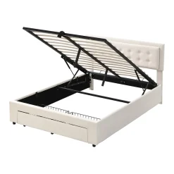 Gutent Lit adulte lit coffre lit 140x190 cm lit de rangement lit rembourré hydraulique lit 2 tiroirs lit double velours beige New