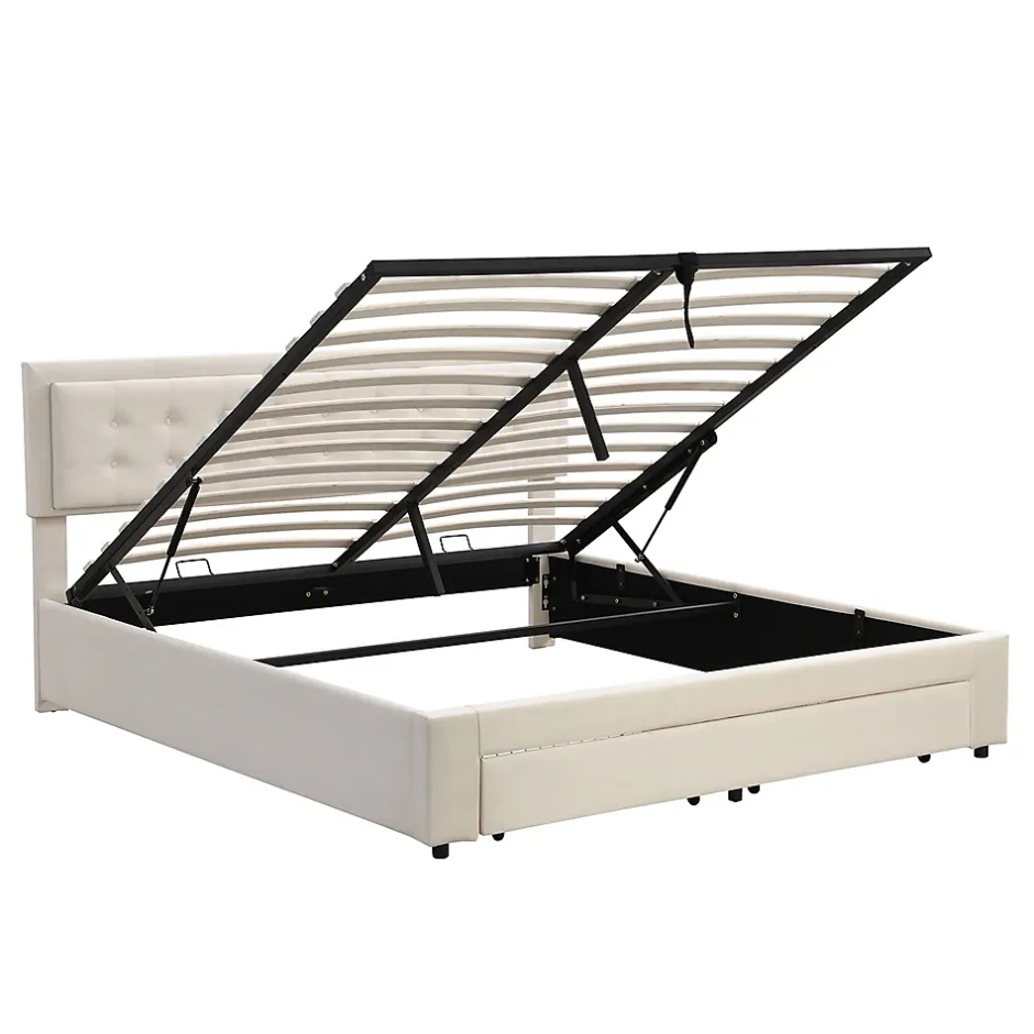 Gutent Lit adulte lit coffre lit 180x200 cm lit de rangement lit rembourré hydraulique lit 2 tiroirs lit double velours beige Sale