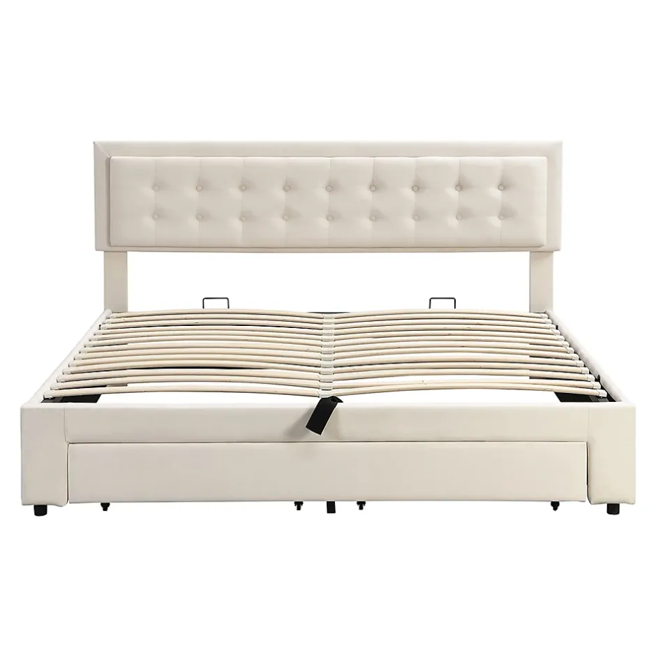 Gutent Lit adulte lit coffre lit 180x200 cm lit de rangement lit rembourré hydraulique lit 2 tiroirs lit double velours beige Sale