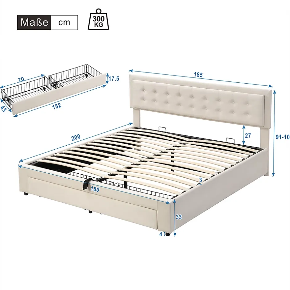 Gutent Lit adulte lit coffre lit 180x200 cm lit de rangement lit rembourré hydraulique lit 2 tiroirs lit double velours beige Sale