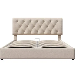 Gutent Lit adulte lit coffre lit 140x200 cm lit de rangement lit rembourré hydraulique lit en métal lit double lin gris clair Outlet