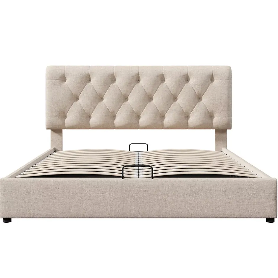 Gutent Lit adulte lit coffre lit 140x200 cm lit de rangement lit rembourré hydraulique lit en métal lit double lin gris clair Outlet
