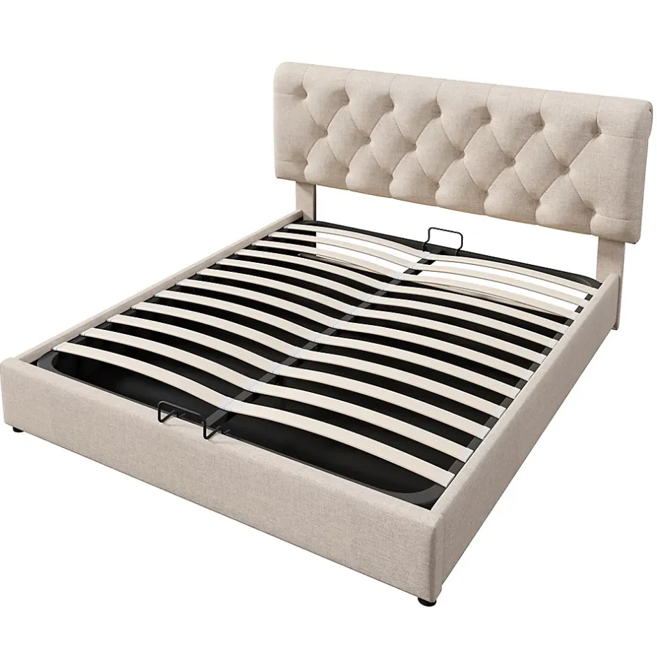 Gutent Lit adulte lit coffre lit 140x200 cm lit de rangement lit rembourré hydraulique lit en métal lit double lin gris clair Outlet