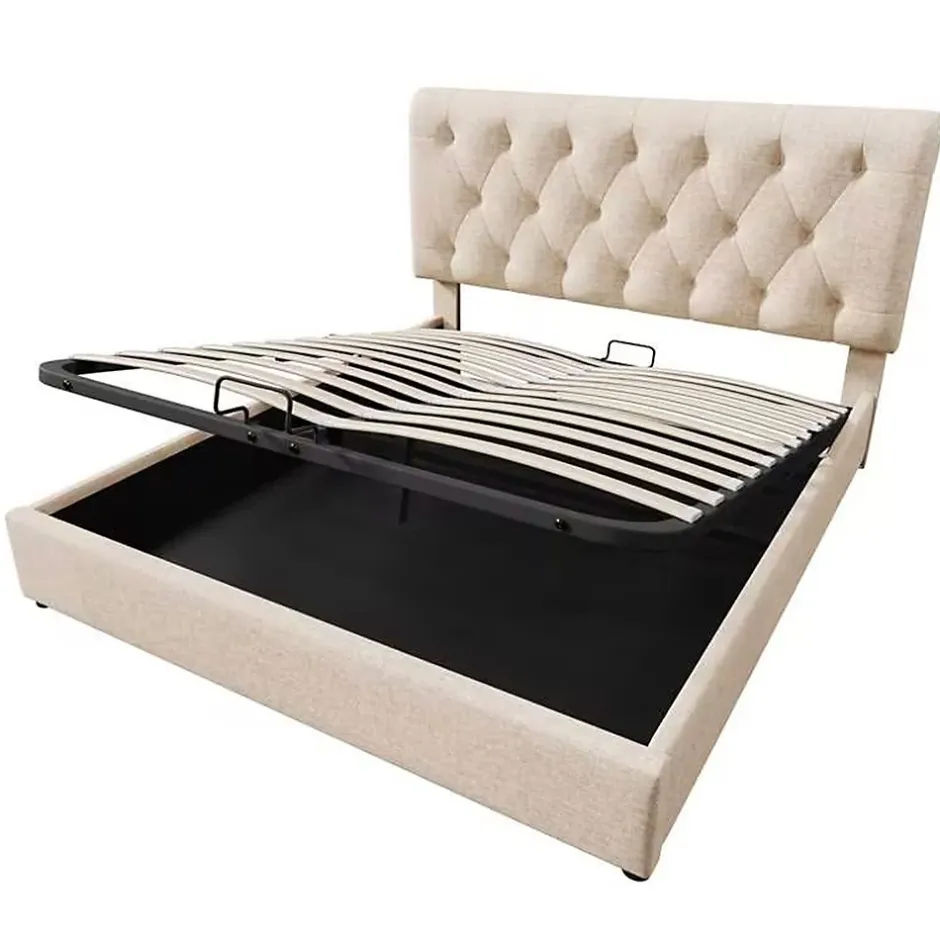 Gutent Lit adulte lit coffre lit 140x200 cm lit de rangement lit rembourré hydraulique lit en métal lit double lin gris clair Outlet