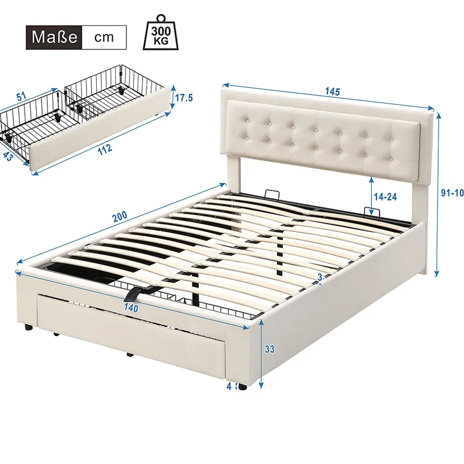Gutent Lit adulte lit coffre lit 140x200 cm lit de rangement lit rembourré hydraulique lit 2 tiroirs lit double velours beige Hot