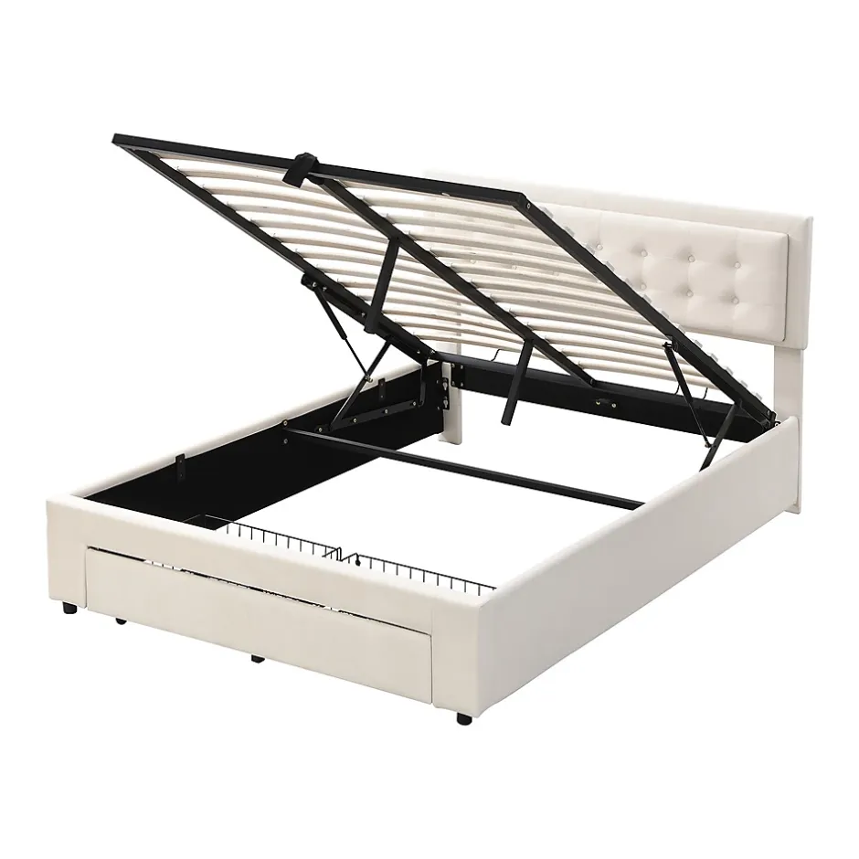 Gutent Lit adulte lit coffre lit 140x200 cm lit de rangement lit rembourré hydraulique lit 2 tiroirs lit double velours beige Hot