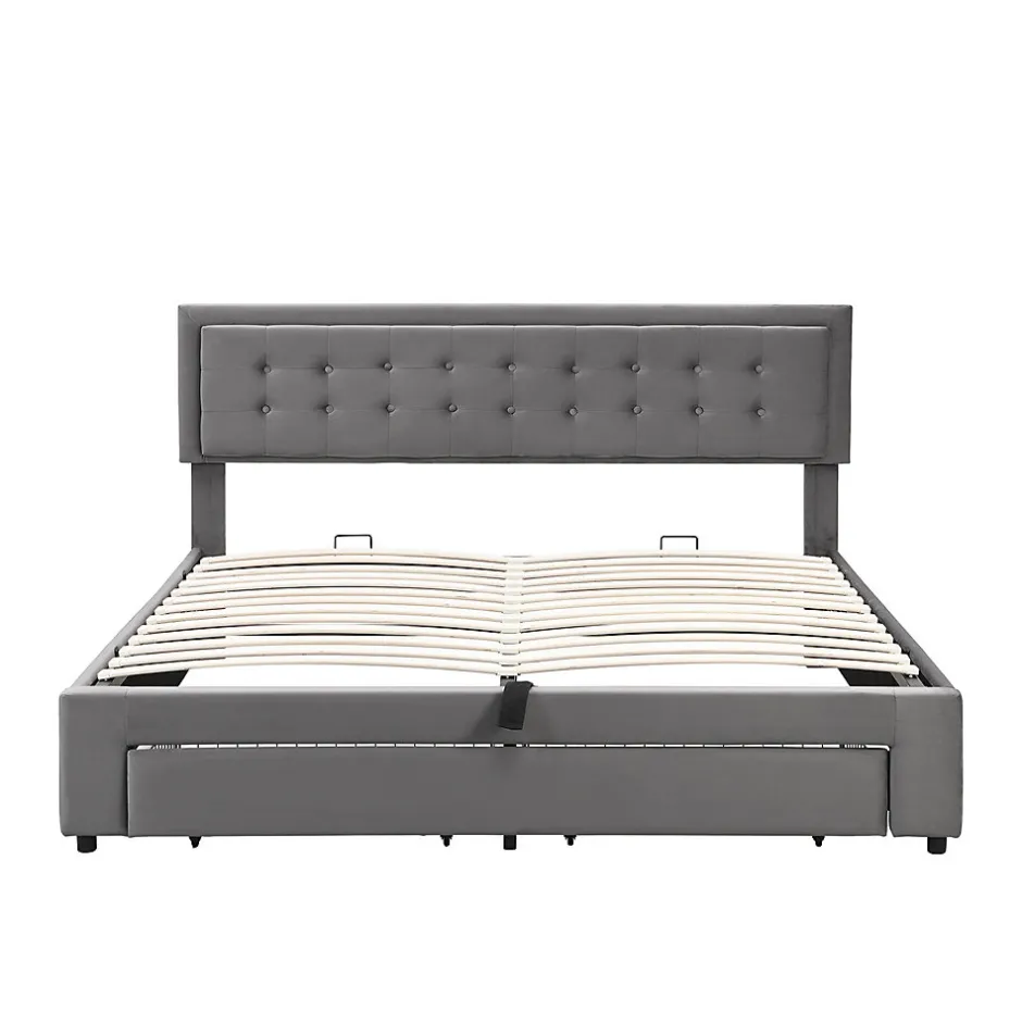 Gutent Lit adulte lit coffre lit 180x200 cm lit de rangement lit rembourré hydraulique lit 2 tiroirs lit double velours gris