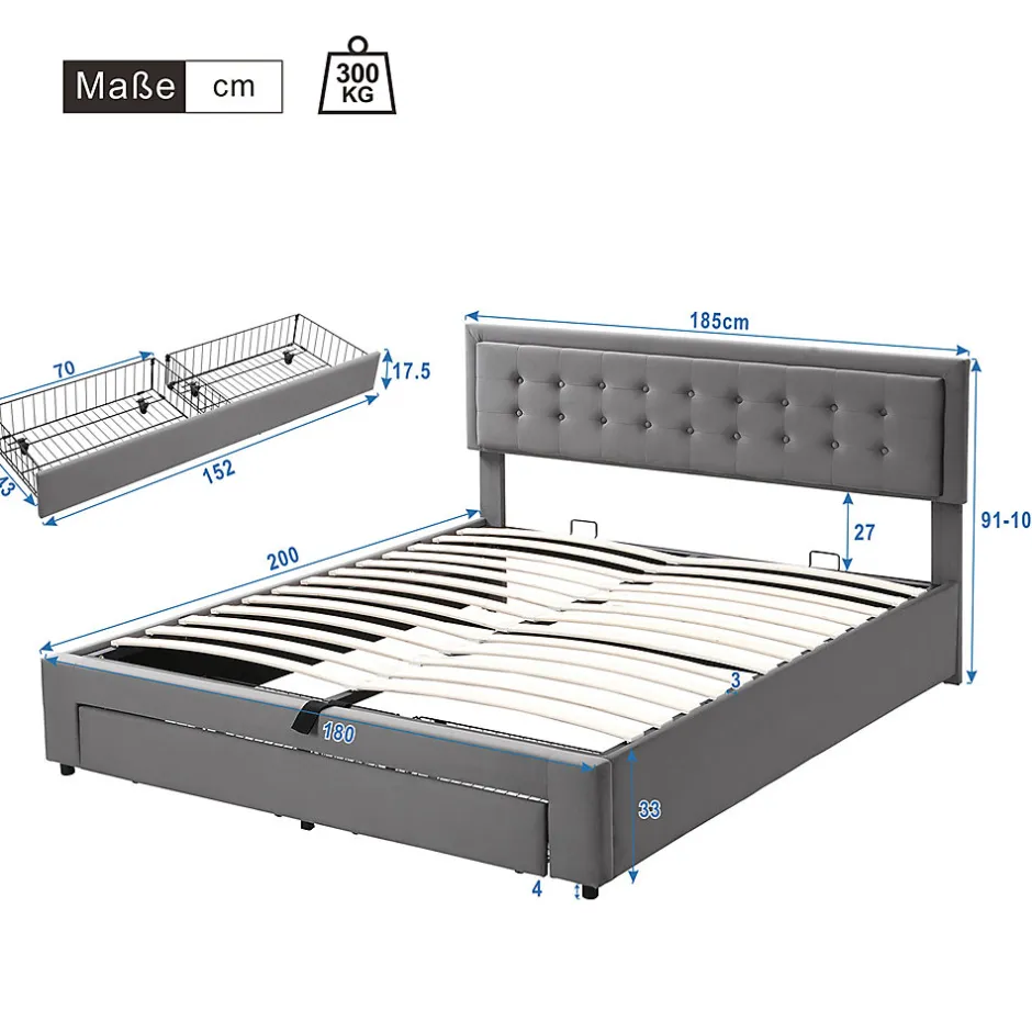 Gutent Lit adulte lit coffre lit 180x200 cm lit de rangement lit rembourré hydraulique lit 2 tiroirs lit double velours gris