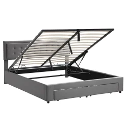Gutent Lit adulte lit coffre lit 180x200 cm lit de rangement lit rembourré hydraulique lit 2 tiroirs lit double velours gris