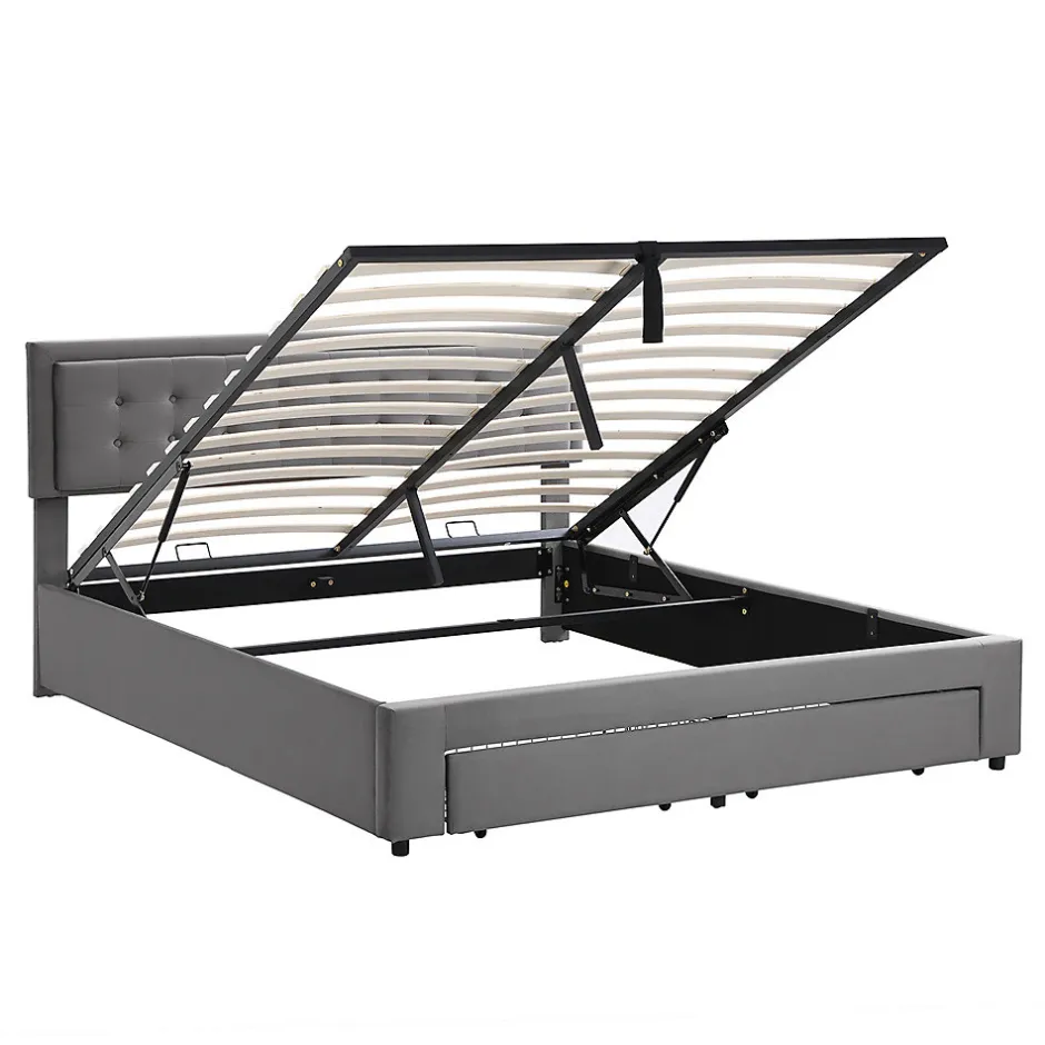 Gutent Lit adulte lit coffre lit 180x200 cm lit de rangement lit rembourré hydraulique lit 2 tiroirs lit double velours gris