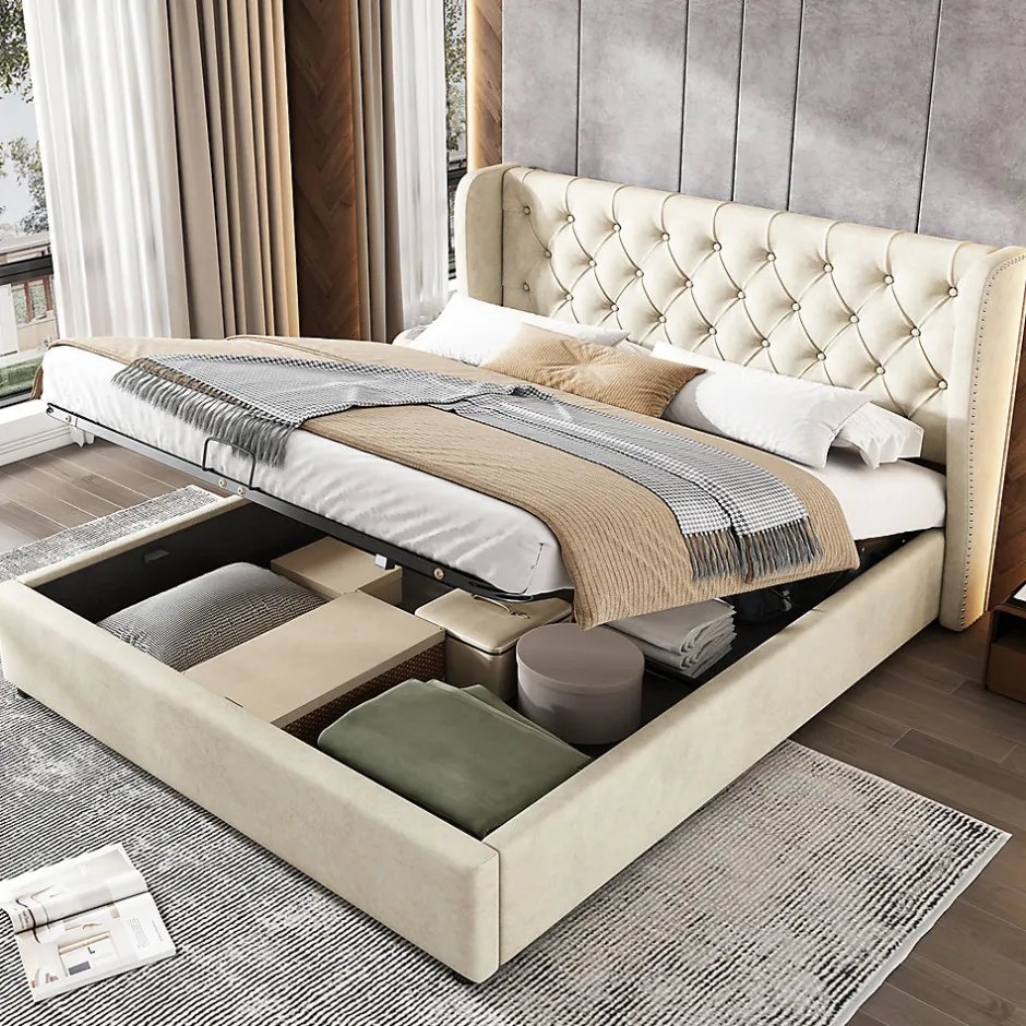 Gutent Lit adulte lit coffre lit 140x200 cm lit de rangement lit rembourré hydraulique lit en métal lit double velours beige