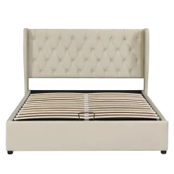 Gutent Lit adulte lit coffre lit 140x200 cm lit de rangement lit rembourré hydraulique lit en métal lit double velours beige
