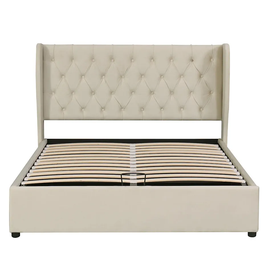 Gutent Lit adulte lit coffre lit 140x200 cm lit de rangement lit rembourré hydraulique lit en métal lit double velours beige