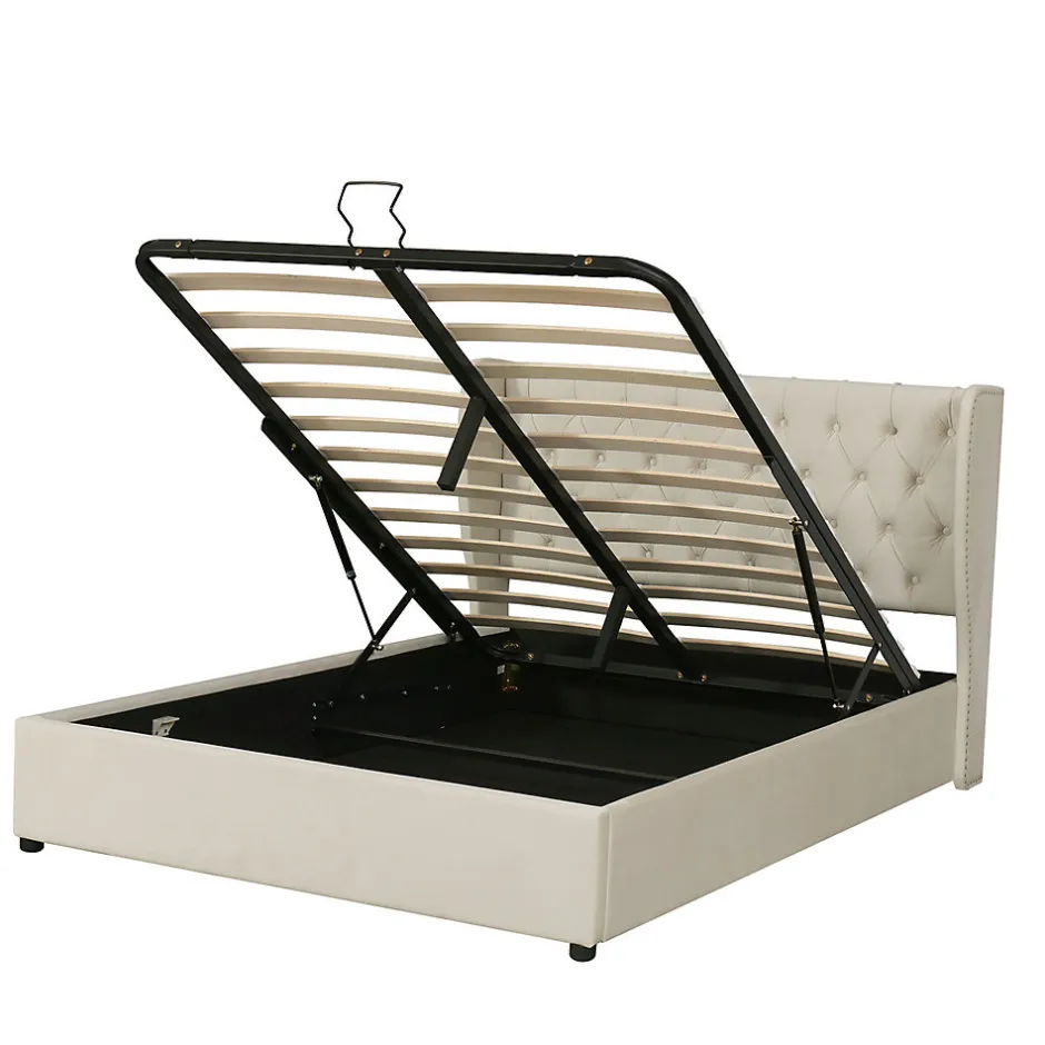 Gutent Lit adulte lit coffre lit 140x200 cm lit de rangement lit rembourré hydraulique lit en métal lit double velours beige