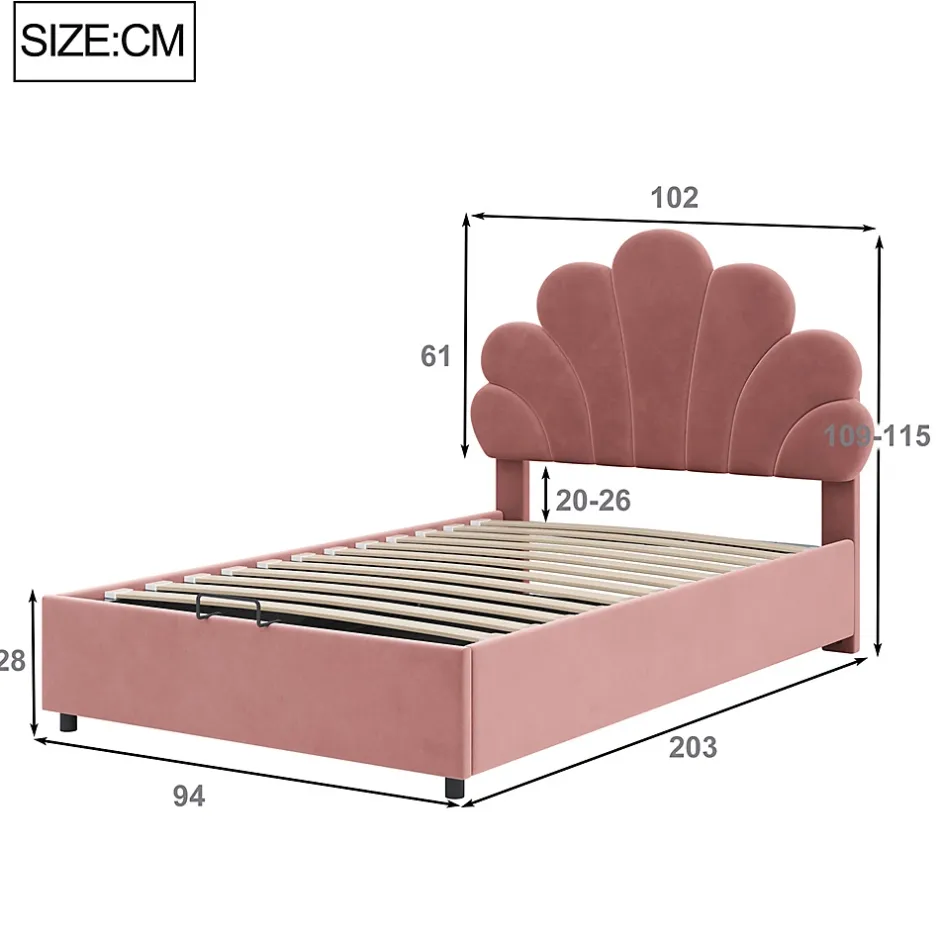 Gutent Lit adulte lit coffre lit 90x200 cm lit de rangement lit rembourré hydraulique lit cadre à lamelles Single velours rose Clearance