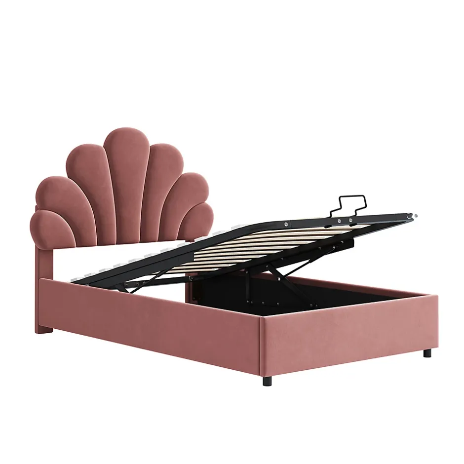 Gutent Lit adulte lit coffre lit 90x200 cm lit de rangement lit rembourré hydraulique lit cadre à lamelles Single velours rose Clearance