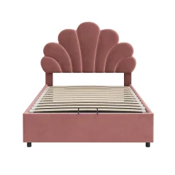 Gutent Lit adulte lit coffre lit 90x200 cm lit de rangement lit rembourré hydraulique lit cadre à lamelles Single velours rose Clearance