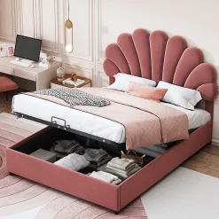 Gutent Lit adulte lit coffre lit 140x200 cm lit de rangement lit rembourré hydraulique lit cadre à lamelles lit double velours rose Sale