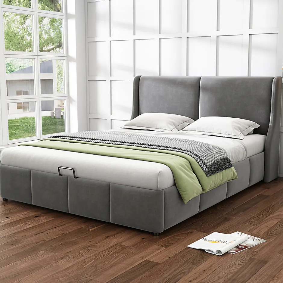 Gutent Lit adulte lit coffre lit 180x200 cm lit de rangement lit rembourré hydraulique lit en métal lit double velours gris