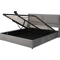 Gutent Lit adulte lit coffre lit 180x200 cm lit de rangement lit rembourré hydraulique lit en métal lit double velours gris