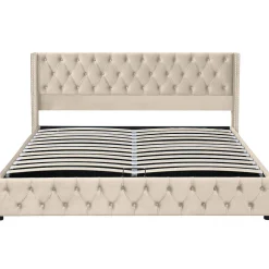 Gutent Lit adulte lit coffre lit rembourré hydraulique lit de rangement lit 160x200 cm lit en métal lit double velours beige