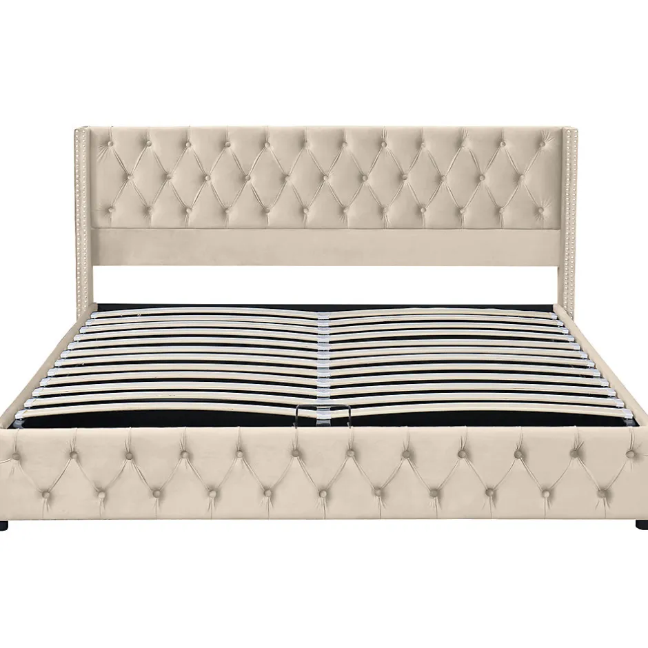 Gutent Lit adulte lit coffre lit rembourré hydraulique lit de rangement lit 160x200 cm lit en métal lit double velours beige