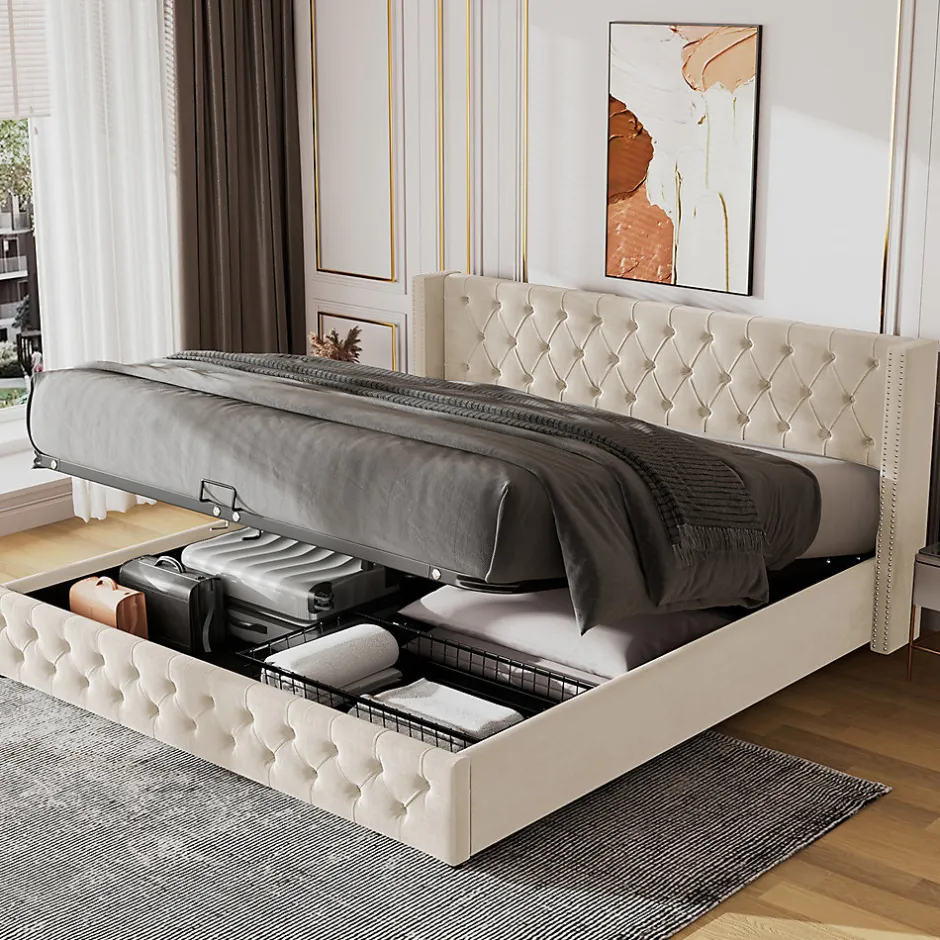 Gutent Lit adulte lit coffre lit rembourré hydraulique lit de rangement lit 160x200 cm lit en métal lit double velours beige