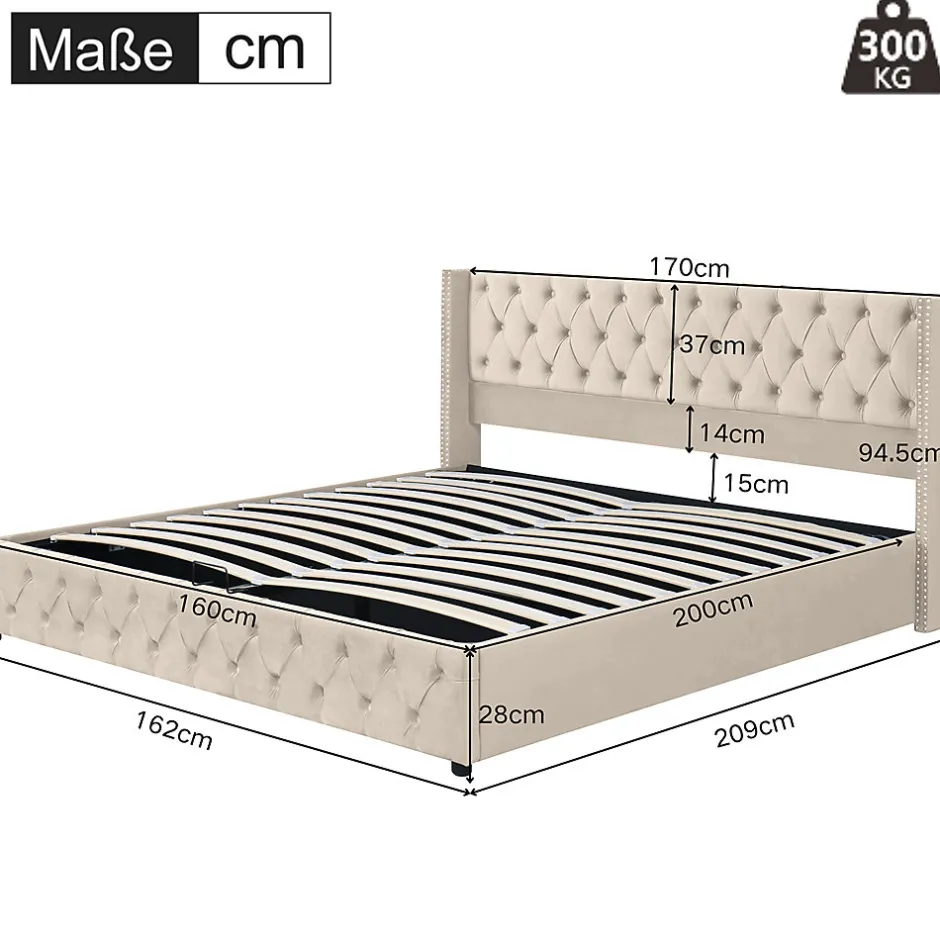Gutent Lit adulte lit coffre lit rembourré hydraulique lit de rangement lit 160x200 cm lit en métal lit double velours beige
