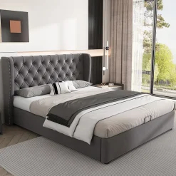 Gutent Lit adulte lit coffre lit 140x200 cm lit de rangement lit rembourré hydraulique lit en métal lit double velours gris Online