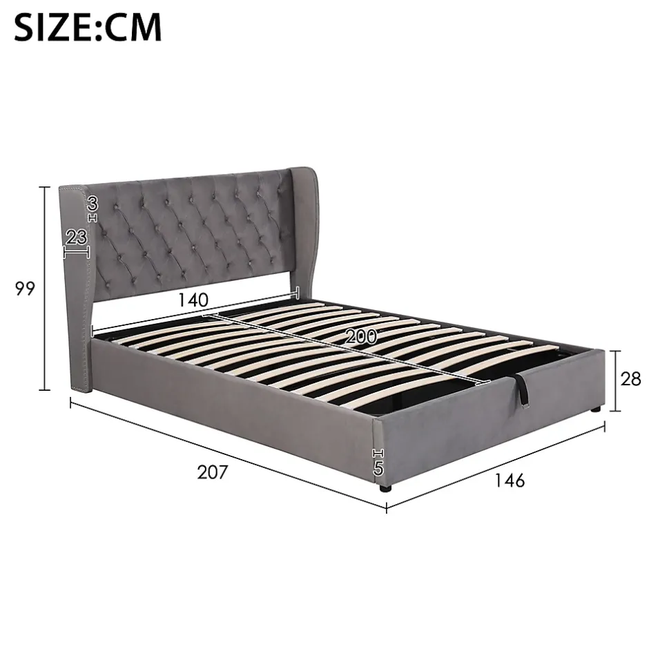 Gutent Lit adulte lit coffre lit 140x200 cm lit de rangement lit rembourré hydraulique lit en métal lit double velours gris Online