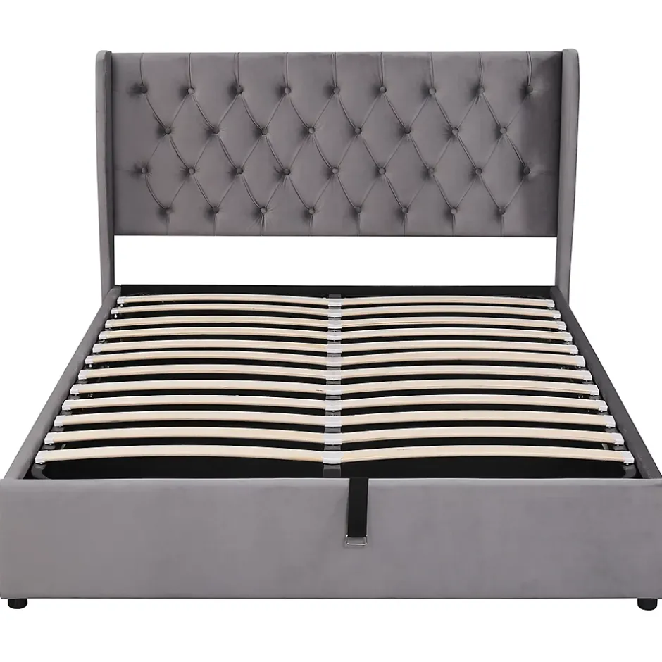 Gutent Lit adulte lit coffre lit 140x200 cm lit de rangement lit rembourré hydraulique lit en métal lit double velours gris Online