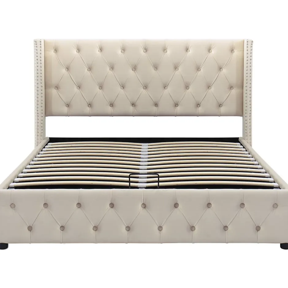 Gutent Lit adulte lit coffre lit rembourré hydraulique lit de rangement lit 140x200 cm lit en métal lit double velours beige Clearance