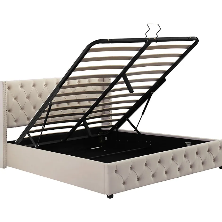 Gutent Lit adulte lit coffre lit rembourré hydraulique lit de rangement lit 140x200 cm lit en métal lit double velours beige Clearance