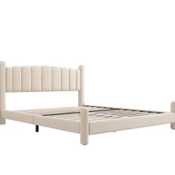 Gutent Lit adulte lit rembourré lit 180x200cm lit cadre à lattes en bois lit pieds de support cylindriques velours beige Clearance